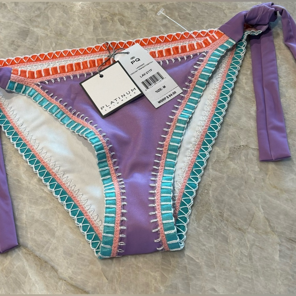 NWT‎ PILYQ Platinum  Crochet Trim Side Tie Bikini Bottoms